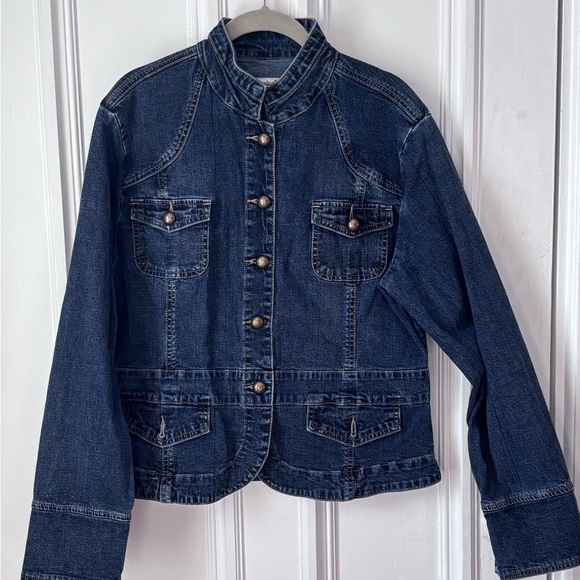 Jessica Jackets & Blazers - Women’s Vintage Jessica Mandarin Collar Military Style Brass Tone Buttons Denim